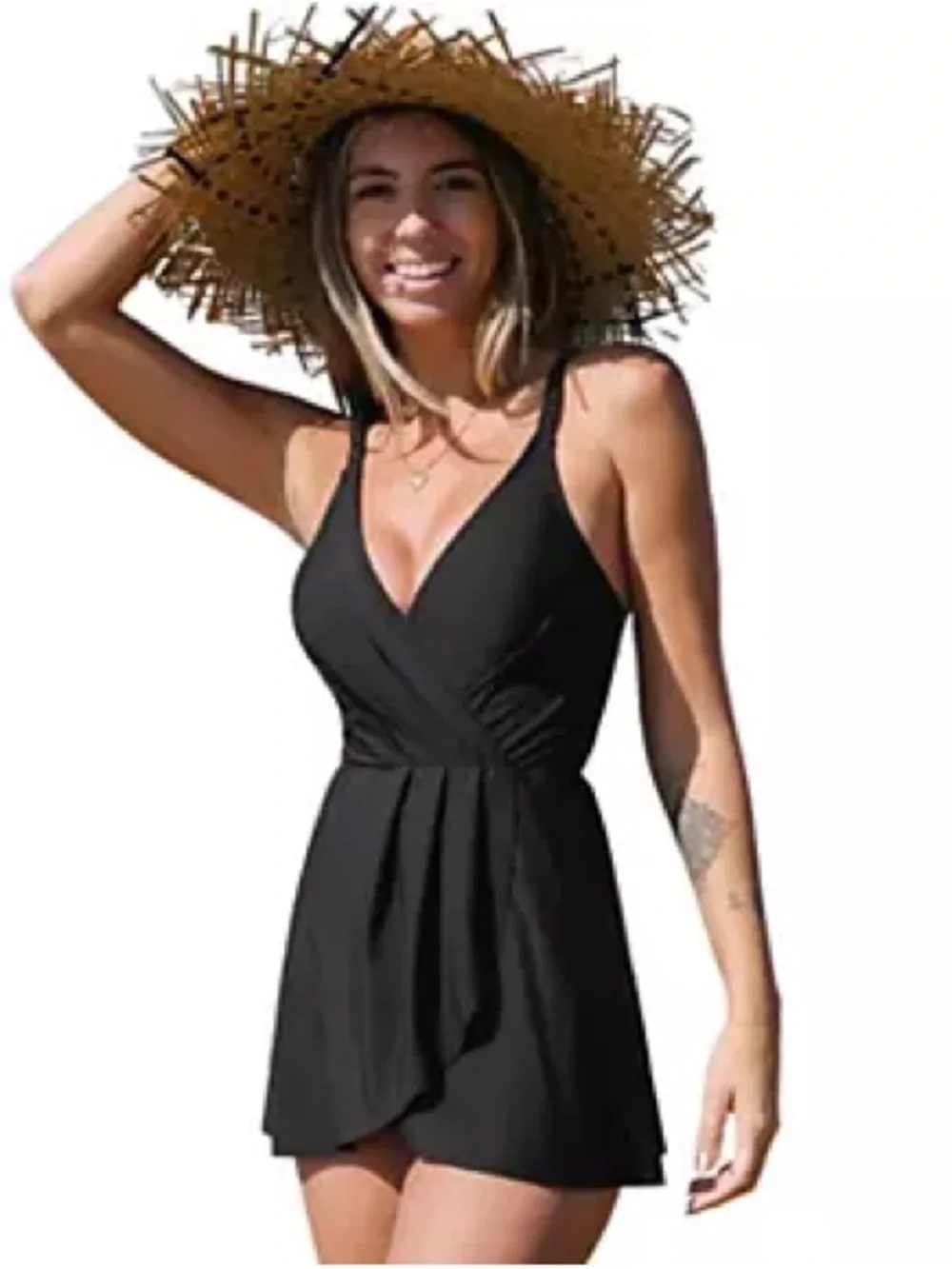 Cupshe Black V-Neck Ruffled Swim Dress - Picture 1 of 8